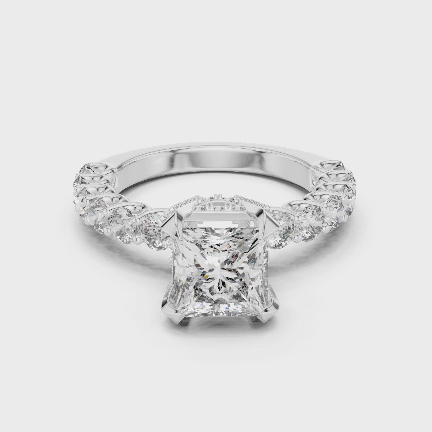 High-End Princess Shape Diamond Engagement Ring with Pave Accents