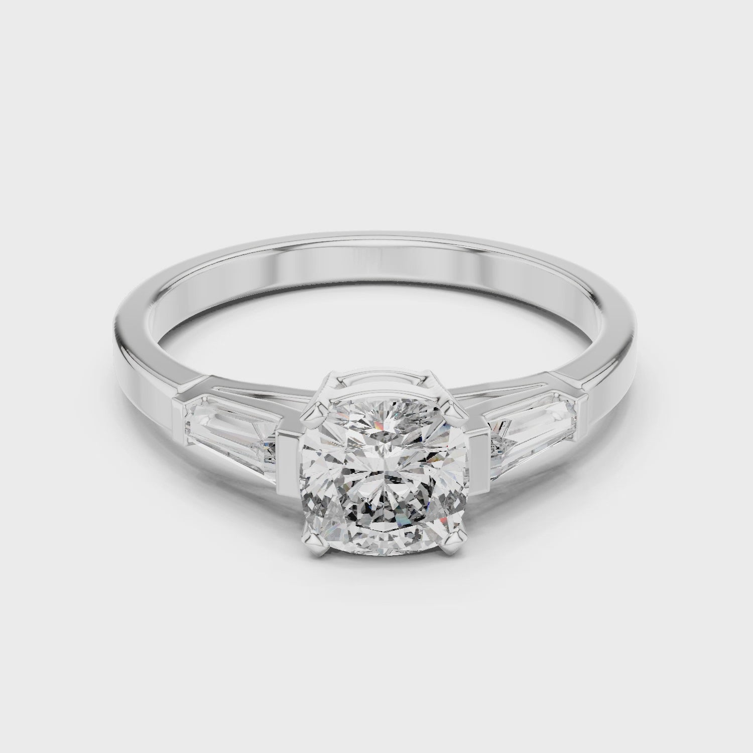 Cushion Cut Diamond Three Stone Engagement Ring in White Gold – Tapered Side Stones
