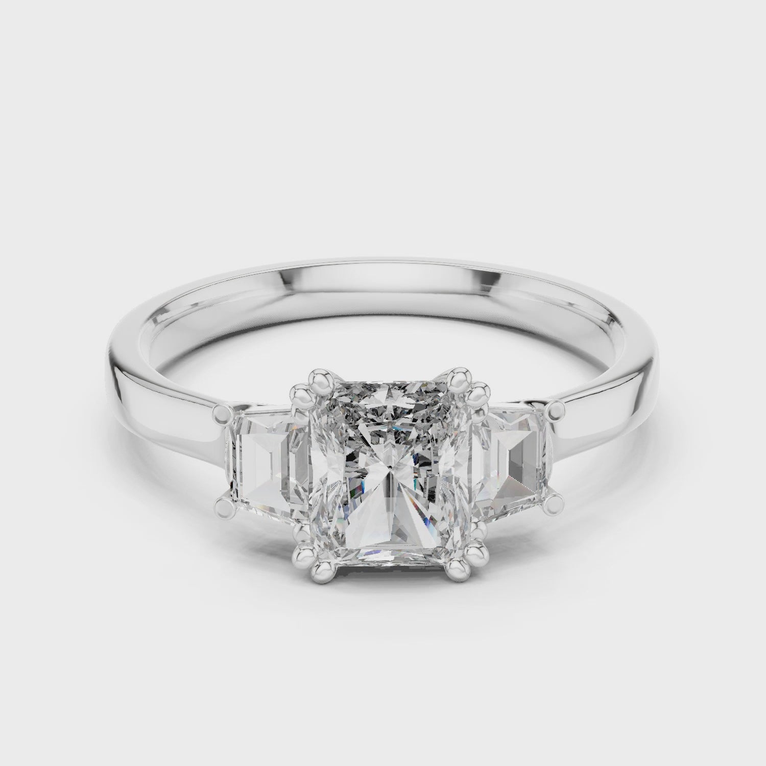 White Gold Radiant Cut Diamond Engagement Ring with Tapered Baguette Sides