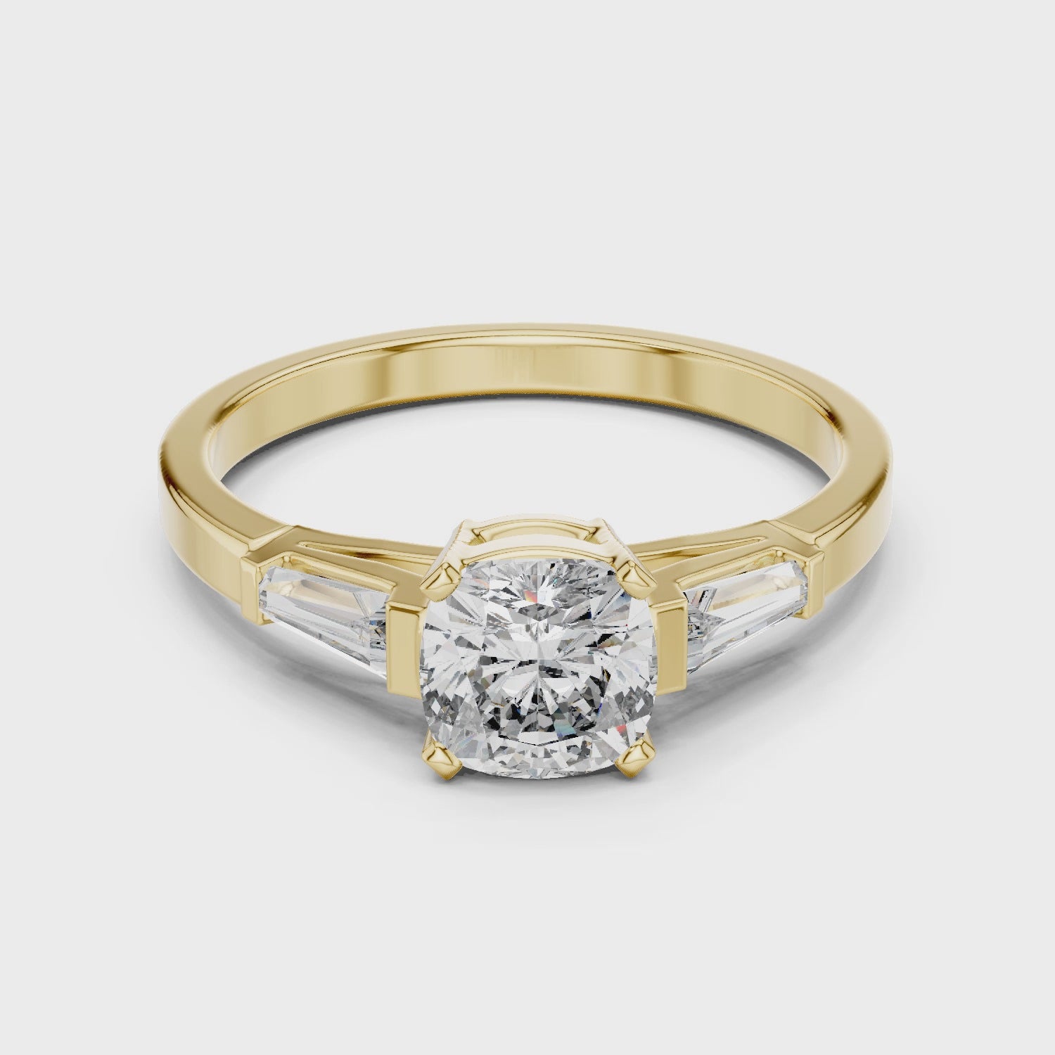 Cushion Cut Diamond Three Stone Engagement Ring in White Gold – Tapered Side Stones