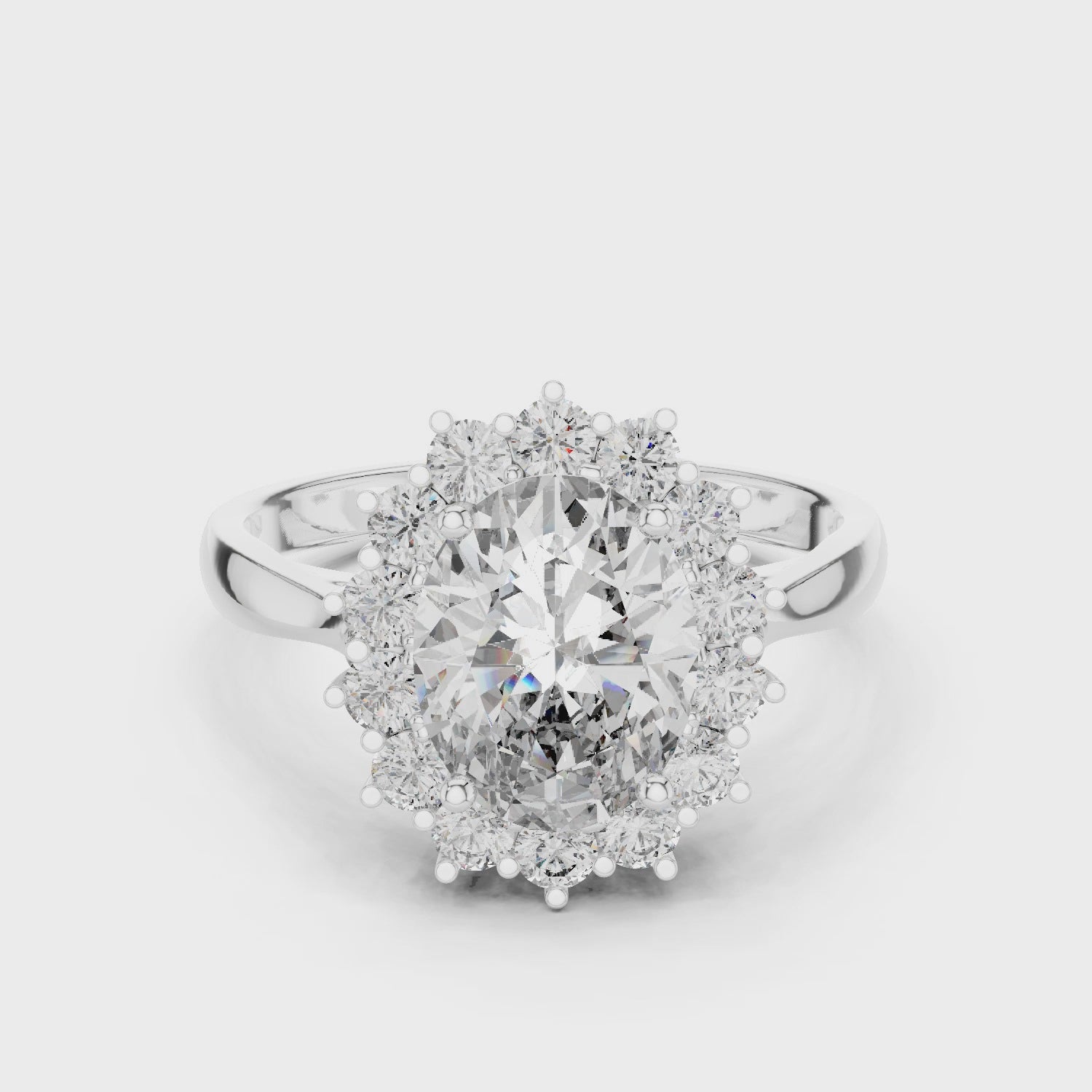 Sunburst Oval Cut Diamond Ring with Halo Design