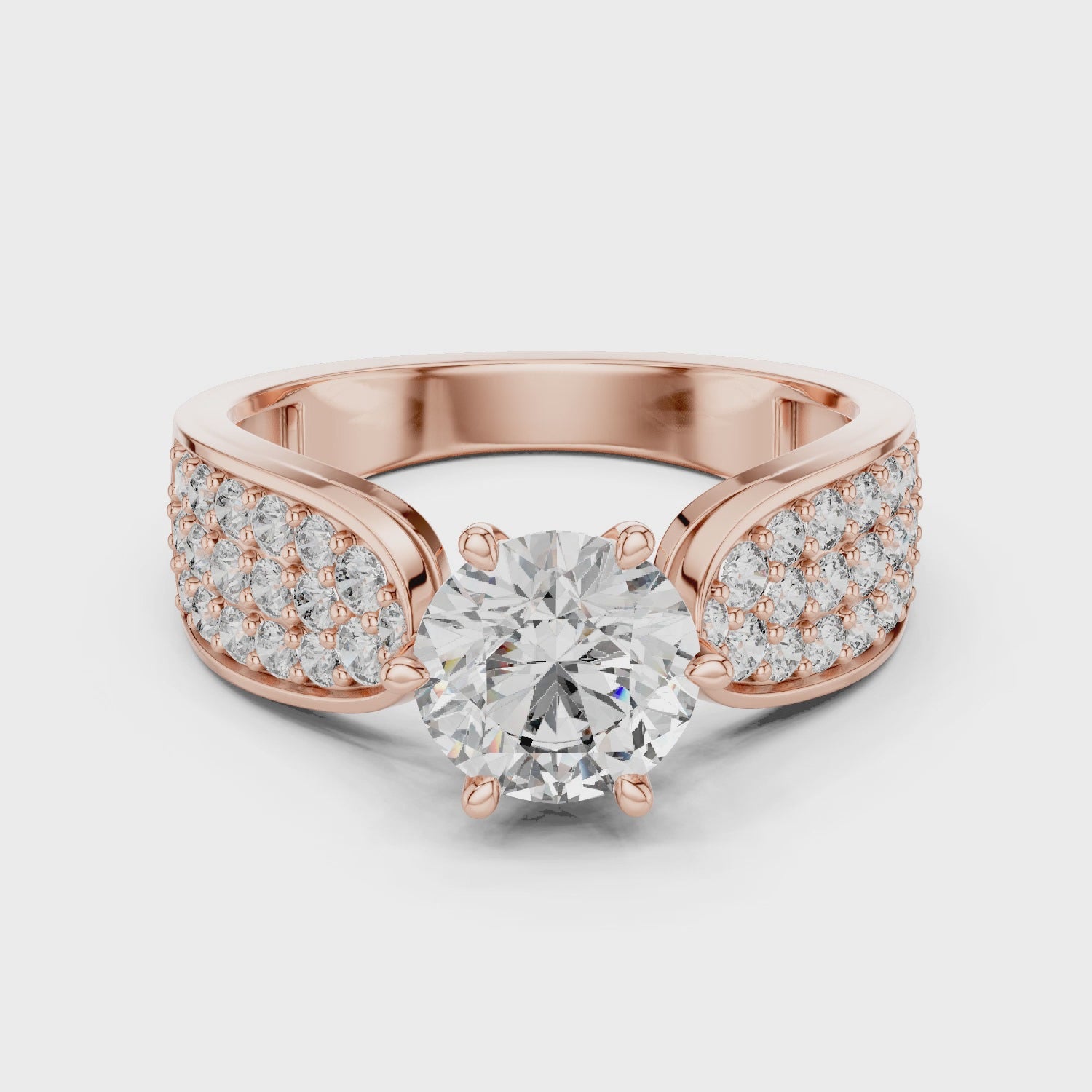 Stunning Round Diamond Ring with Bold Pave Shoulders in Gold