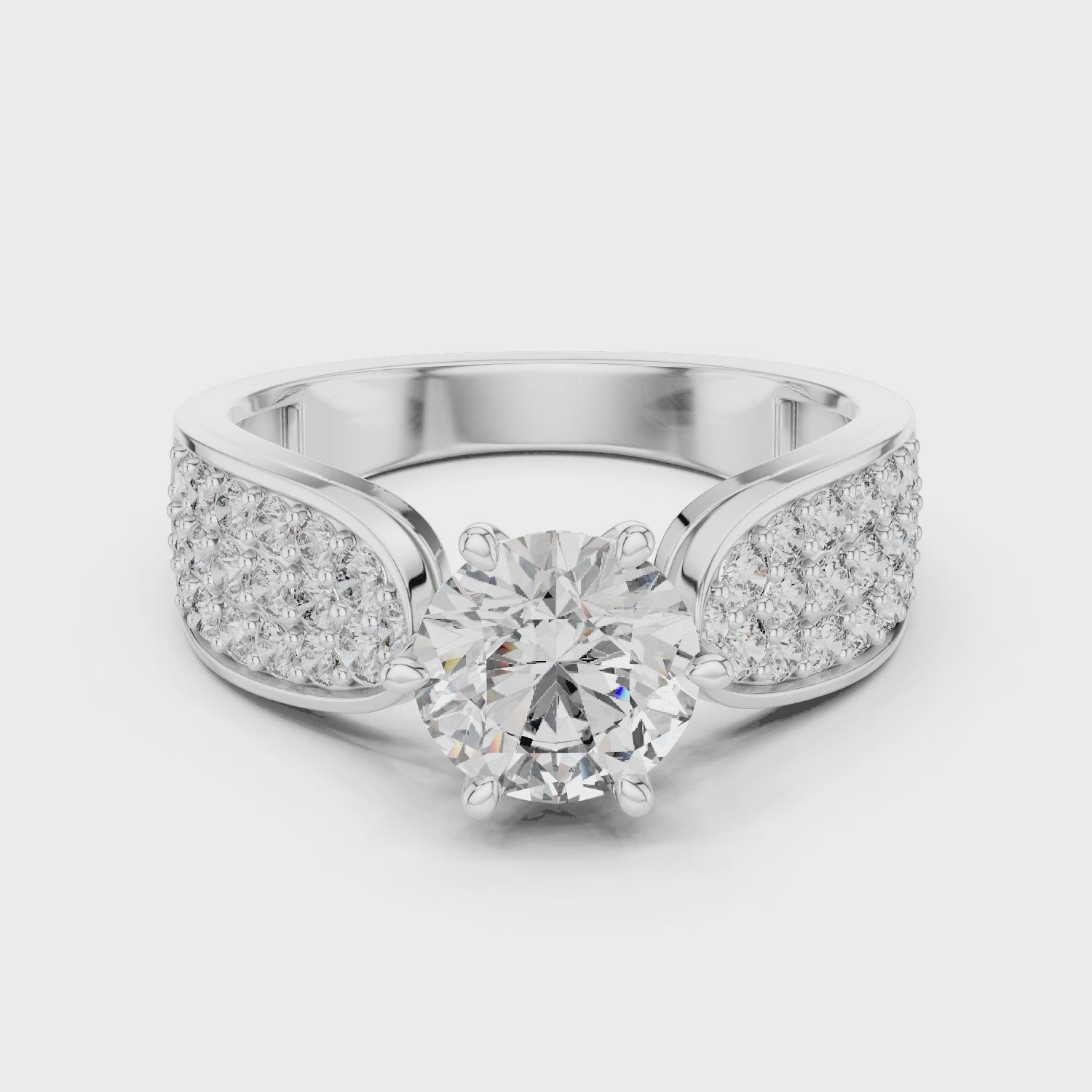 Stunning Round Diamond Ring with Bold Pave Shoulders in Gold
